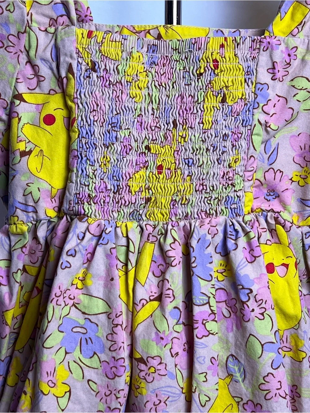 Pokémon Pikachu Print Girls Smocked Back Fit & Flare Floral Dress Sz 8